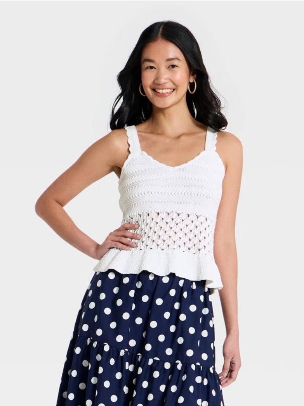 Women's Openwork Scalloped Trim Sweater Tank Top - A New Day White L